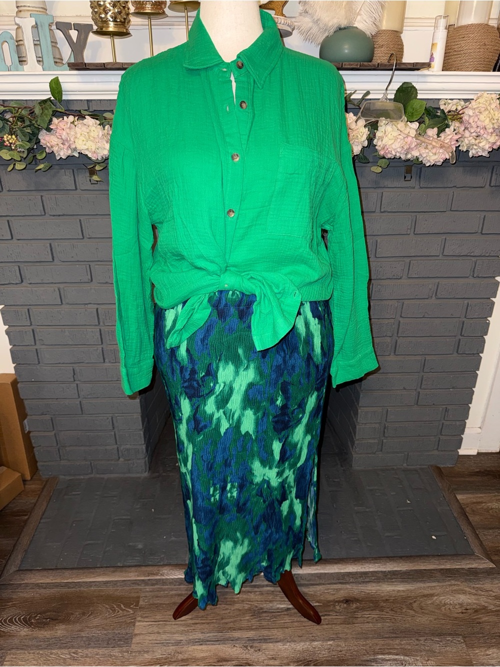 Vibrant Green and Blue Printed Midi Skirt - Women's